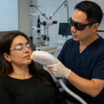 Board-certified ophthalmologist performing intense pulse light therapy for dry eyes in a modern eye clinic