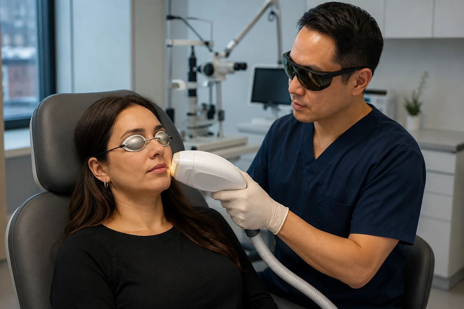 Board-certified ophthalmologist performing intense pulse light therapy for dry eyes in a modern eye clinic