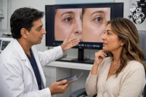 Eye specialist discussing non surgical eye rejuvenation treatment options 