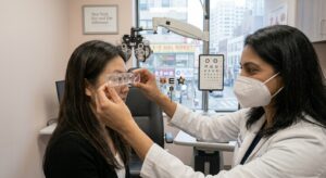 Eye doctor testing binocular vision and eye alignment 