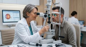 Ophthalmologist evaluating patient for eye strain