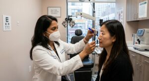 Ophthalmologist evaluating patient with double vision in Flushing Queens NYC