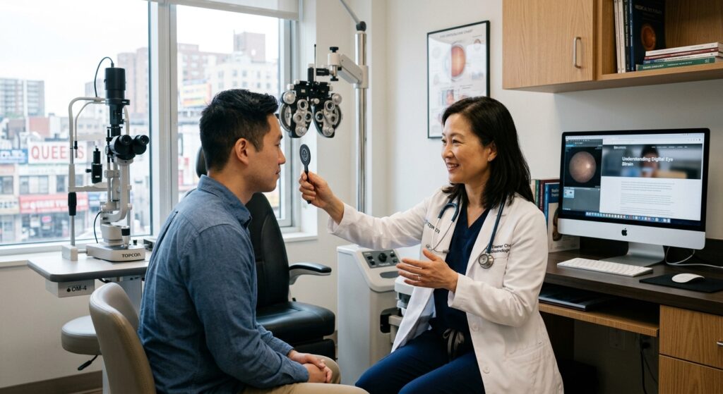 An ophthalmologist explaining eye fitness exercises to a patient in a modern eye clinic to reduce digital eye strain.