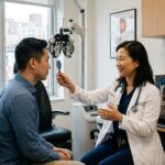 An ophthalmologist explaining eye fitness exercises to a patient in a modern eye clinic to reduce digital eye strain.