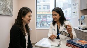 Ophthalmologist discussing eye exercises to improve vision