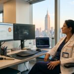 Professional sitting at a ergonomic computer desk looking out a New York office window to prevent digital eye strain and reduce eye fatigue.