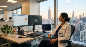 Professional sitting at a ergonomic computer desk looking out a New York office window to prevent digital eye strain and reduce eye fatigue.