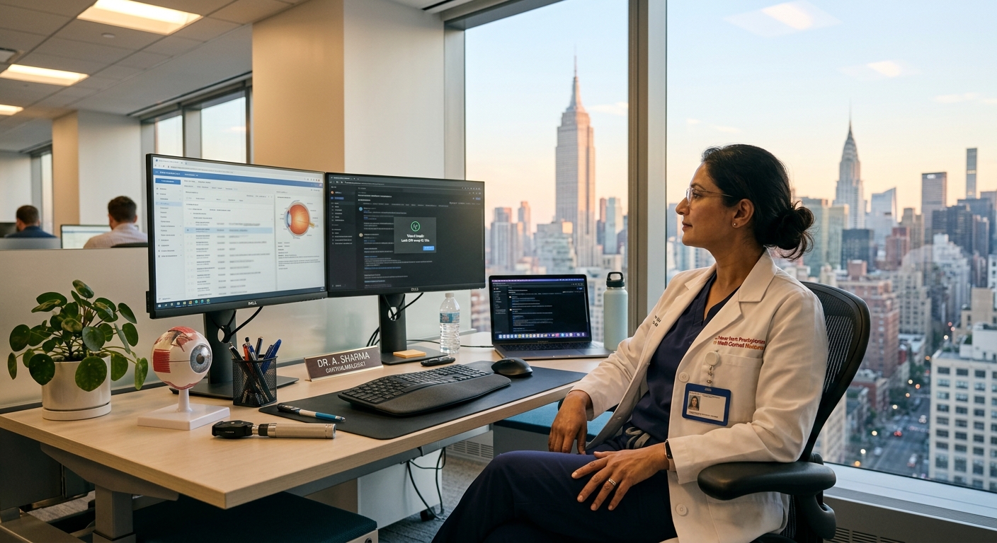 Gemini Generated Image wnzae5wnzae5wnza Professional sitting at a ergonomic computer desk looking out a New York office window to prevent digital eye strain and reduce eye fatigue.