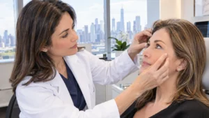 ChatGPT Image Sep 13 2026 12 13 11 AM Ophthalmologist examining a woman's eye area during a cosmetic consultation in a modern NYC clinic