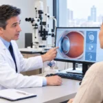 ophthalmologist discussing multifocal toric IOL with cataract patient