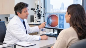 ophthalmologist discussing multifocal toric IOL with cataract patient