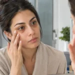 Woman looking at eye bags in mirror before using cold compress
