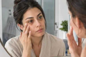 Woman looking at eye bags in mirror before using cold compress